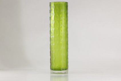 Tall Cylindrical Battuto Green Art Glass Vase Designed by Carlo Scarpa 12 in. height x 4 in. wide
