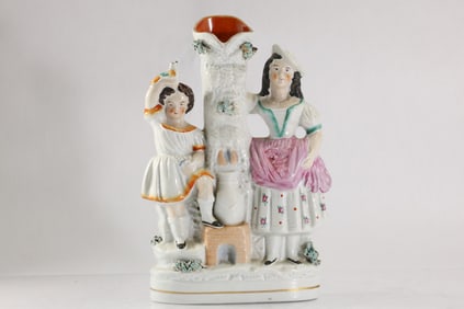 Antique 19th Century Staffordshire Spill Vase Boy & Girl Fetching Water 10 in. height x 7 in. wide
