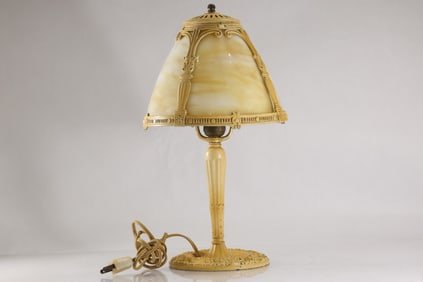 Circa 1920s 4-Panel Bent Slag Glass Shade Boudoir Lamp, All Original Condition and Patina