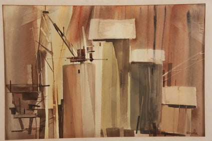 Margery Soroka (1920 - 1990 American] 1976 Watercolor Painting INDUSTRIAL COMPLEX Signed