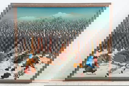 Branko Paradis, Croatia, Oil Painting Winter Scene Figures Gathering Branches, Signed, Dated '78