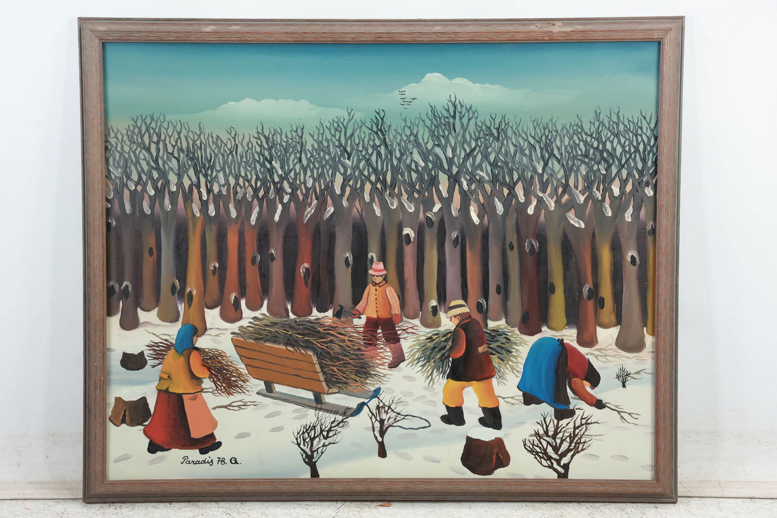 Branko Paradis, Croatia, Oil Painting Winter Scene Figures Gathering Branches, Signed, Dated '78 (1 of 15)
