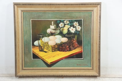 Signed P Newman, Fine 20th C. Oil on Canvas Painting Table Top Still Life Basket Eggs, Grapes