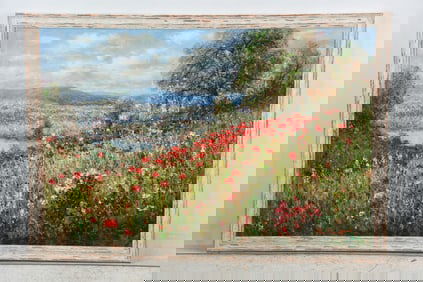 Signed R Scott, Fabulous Large 20th C. Oil on Canvas Painting Valley of Wild Flowers with COA