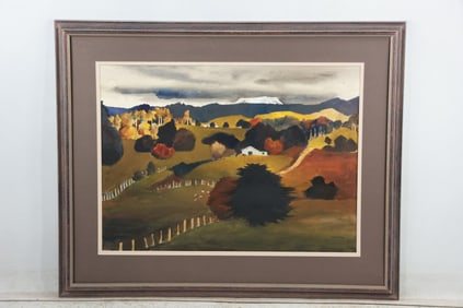 Peter McIntyre (1910 - 1995) New Zealand, Watercolor Painting Rolling Hills Landscape with Labels