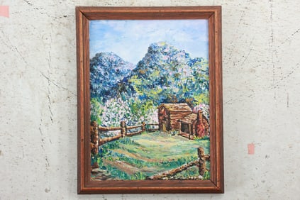 Vintage Oil on Canvas Painting Countryside Landscape with Cabin, Framed