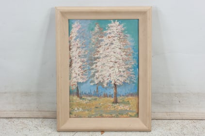 Signed Initials A.D., Vintage Impressionism Oil on Board Painting White Trees in Landscape