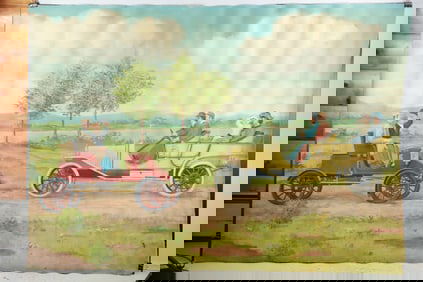 Large Rolled Oil Painting Illustration / Mural, Two Antique Touring Automobiles 48 in. x 67 in.