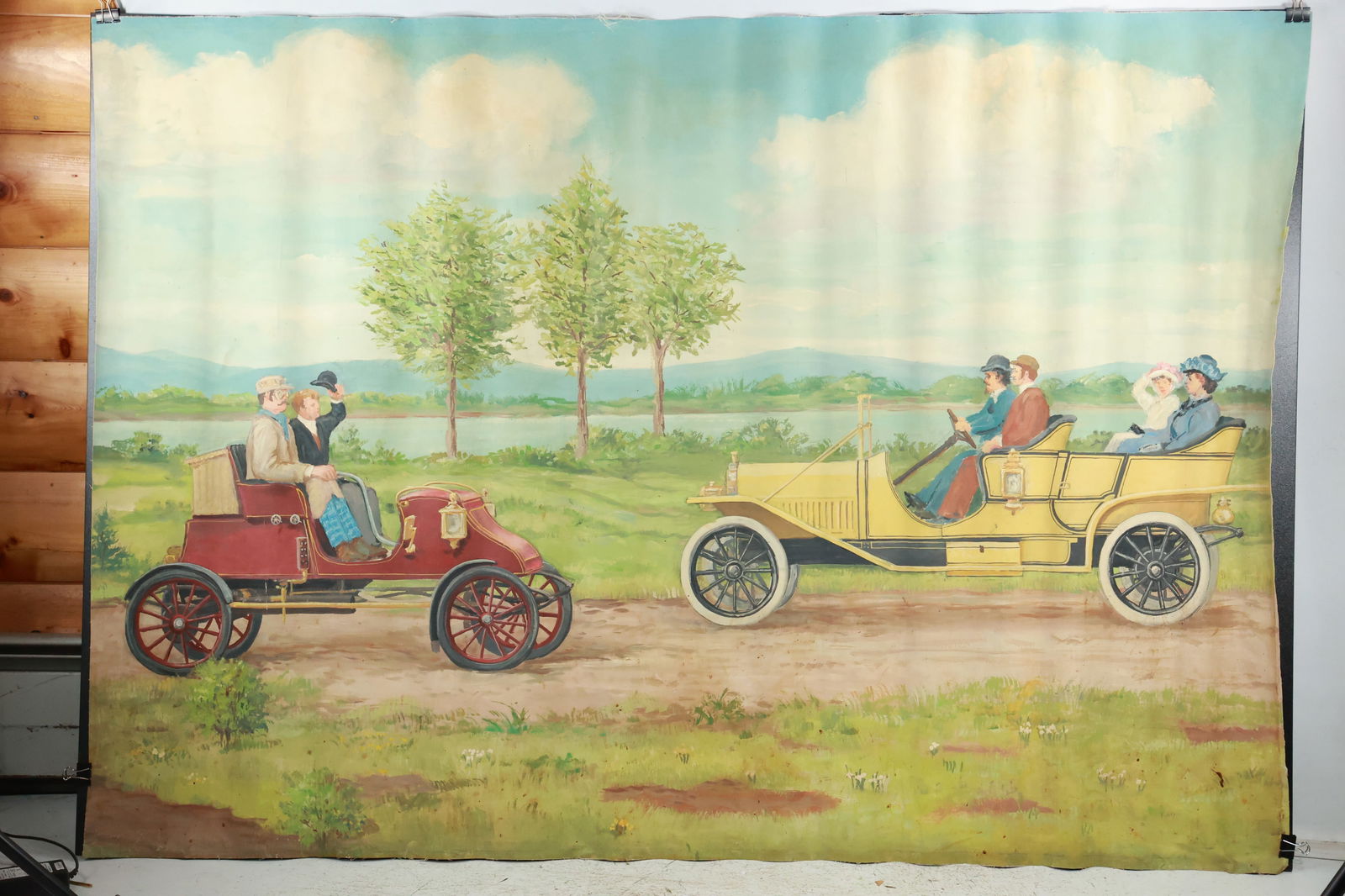 Large Rolled Oil Painting Illustration / Mural, Two Antique Touring Automobiles 48 in. x 67 in. (1 of 17)