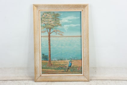 Signed A Domy, Vintage Oil Painting on Board Hummingbird on Shore, Framed
