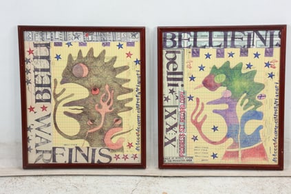[2] Wayne Cunningham, American, Collage Art, Colored Pencil, Monster Figures, both Framed