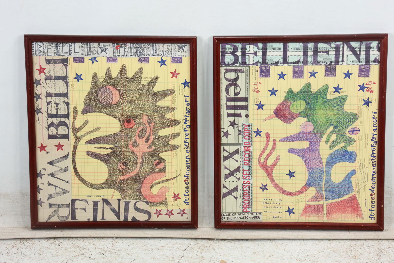 [2] Wayne Cunningham, American, Collage Art, Colored Pencil, Monster Figures, both Framed (1 of 14)