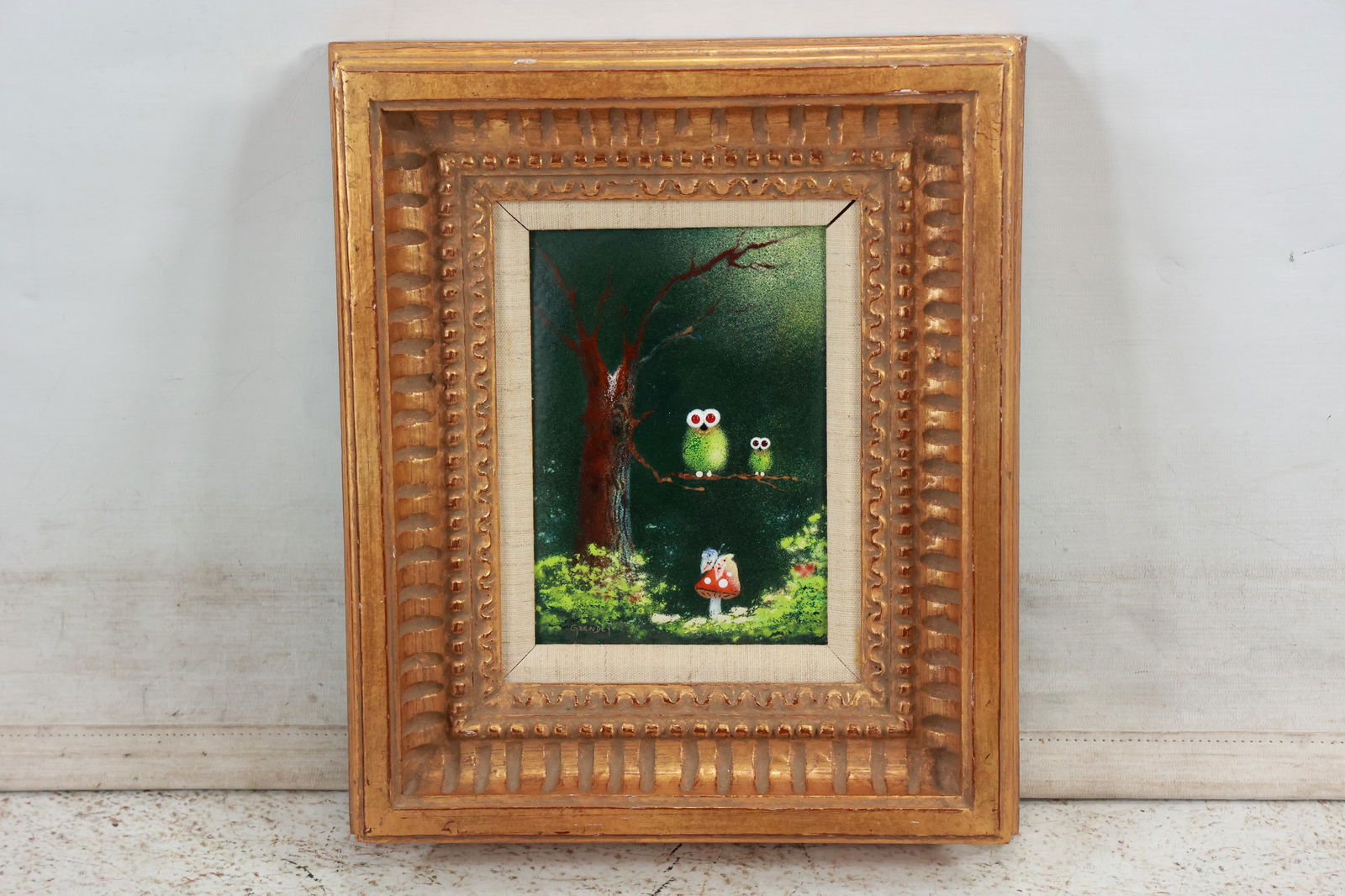 Stunning Enamel on Copper Art OWLS on Tree Branch and Mushroom, Framed (1 of 12)