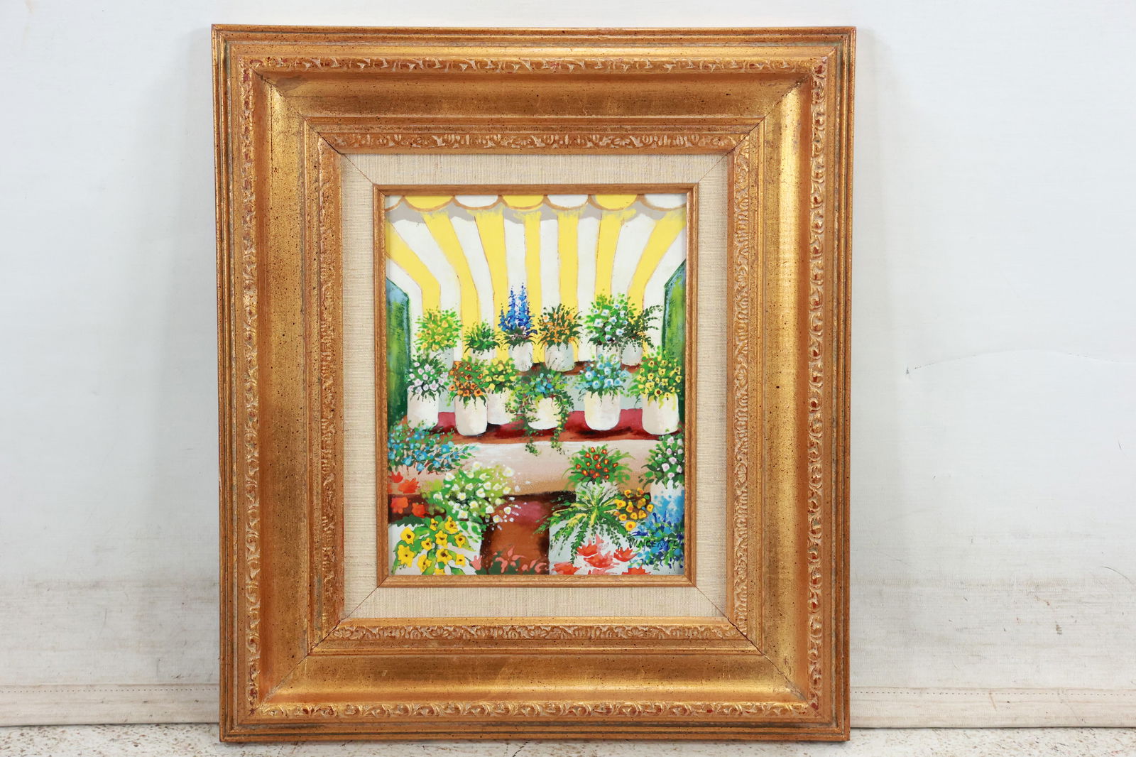 Vincente Signed Enamel on Copper Art, Row of Plant Pots, Framed (1 of 16)