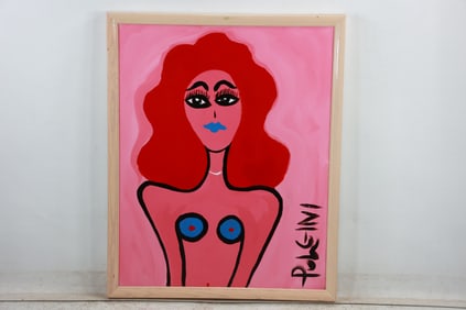 Thomas Pulgini, American, Pop Artist, Oil on Board Painting Abstract Woman Portrait Red Hair