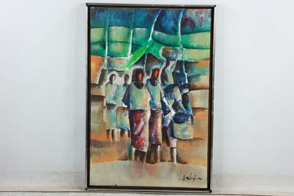 Artist Signed Oil on Canvas Painting Haitian Figures, Framed