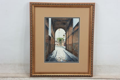 Watercolor Painting, Arched Walkway to Courtyard, Framed, Signed Illegible, Paris 2000