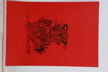 Peter Passuntino, Unsigned from Estate of The Artist, Grotesque Figures Lithograph on Red.