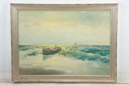 Signed A Rosetti, Vintage Oil on Canvas Painting, Boats on Seas, Framed