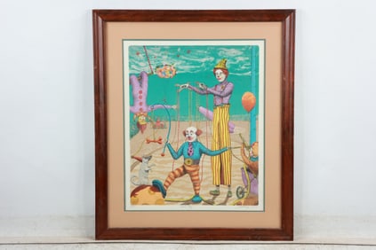 "CENTER RING" - A/P LITHOGRAPH - CLOWNS - by J GETSINGER 1979, Framed