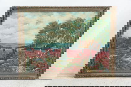 A Gotz, Vintage Oil on Canvas Painting, Fields of Wild Pink Flowers Landscape