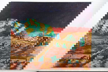 Louis Carpo, Oil on Canvas Painting , Army War Manuvers, Soldiers, Tank, 48 in. x 40 in.