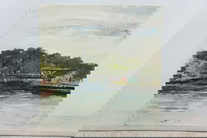 Signed Franklin Shores [estate of] Watercolor Painting, New England Movable Draw Bridge