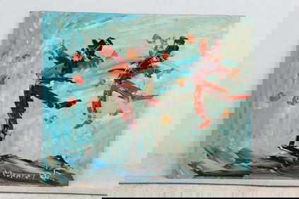 Morris Katz 1982, Jewish American, Acrylic Painting on Board "Dancing Clowns"