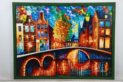 BRIDGES OF AMSTERDAM - Colorful Giclee on canvas by Leonid Afremov, Signed, Framed