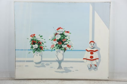 Signed Cernicek, Fine 20th C. Oil on Canvas Window Still Life Two Vases with Flowers, Statue Figure