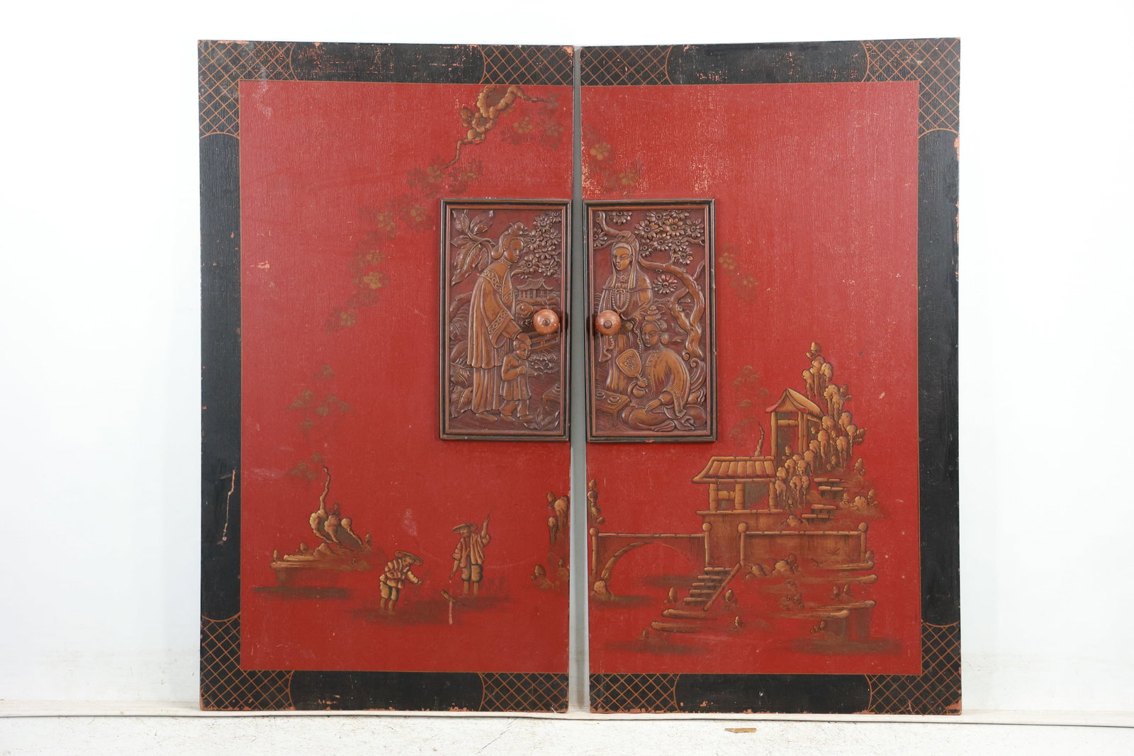 CHINESE RED LACQUERED DOORS Scenes with Figures 37 in. x 33 in.: CHINESE RED LACQUERED DOORS Scenes with Figures 37 in. x 33 in. size: 37 x 33