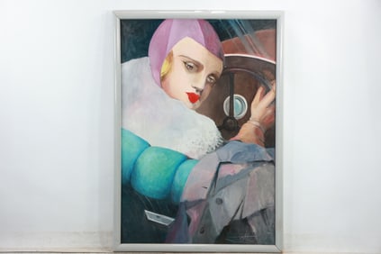 after Tamara de Lempicka 1898-1980, Painting Autoportrait (Tamara in the Bugatti], Signed Gatto