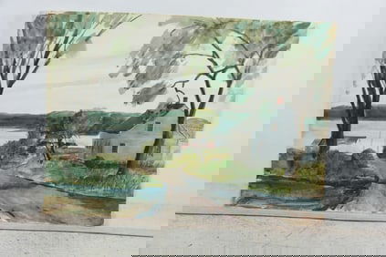 Franklin Shores [estate of] Watercolor Painting, House on Delaware River, unsigned. 31 in.x 23 in.