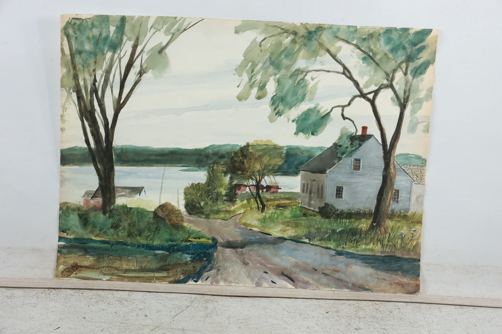 Franklin Shores [estate of] Watercolor Painting, House on Delaware River, unsigned. 31 in.x 23 in. (1 of 13)