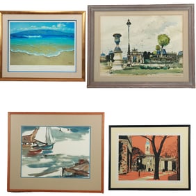 Estate Grouping 5 Assorted Artwork: 2 Watercolors, 2 Prints, Signed - See Pictures