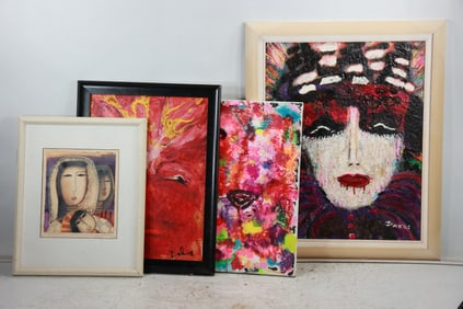 Estate Grouping 4 Assorted Abstract Portrait Paintings - Variety - See Pictures