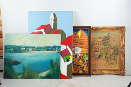 4 Assorted Estate Oil Paintings including Charles Cobelle (1902–1994) and Haitian Art - See