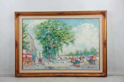 Signed Biros, Quality 20th C. French Oil on Canvas Painting Flower Cart Vendor