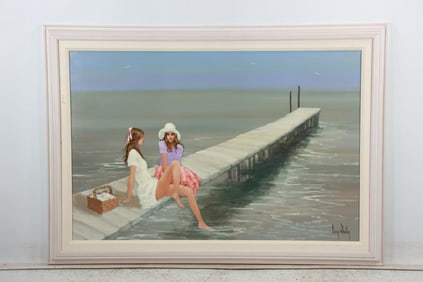 George Shelly, American, Oil on Canvas Painting Two Young Women Sitting on the Pier