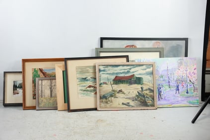 Estate Grouping 9 Assorted Artwork Paintings Watercolors - See Pictures