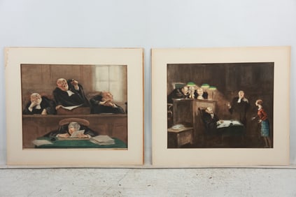 2 original signed etchings by Gaston Hoffman, signed, Dramatic Courtroom Scenes