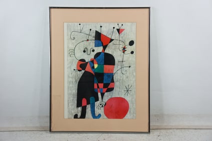 Vintage Joan Miro Abstract Color Print "Dog infront of Sun", Framed