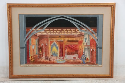 Stefan Zweig, Watercolor Painting Theatre Scene Rendering "Volphone" Act 1, Scene 1