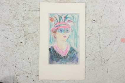 Unsigned Crayon Drawing Portrait of Masquerade Woman