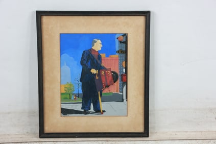 Signed Beverly, Gouache Painting Street Musician with a Hurdy Gurdy Instrument
