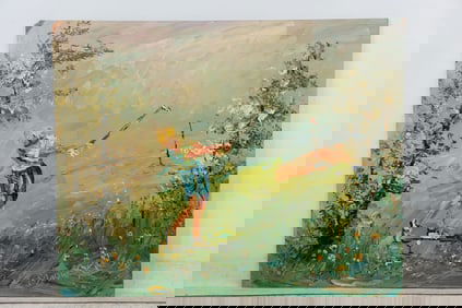 Morris Katz 1994, Jewish American, Acrylic Painting on Board, Golfer in Landscape - Unusual