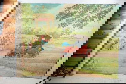 N Krerenser, Large Mural Oil Painting on Canvas Antique Touring Car, Park Gazebo 7.5 ft. x 4 ft.