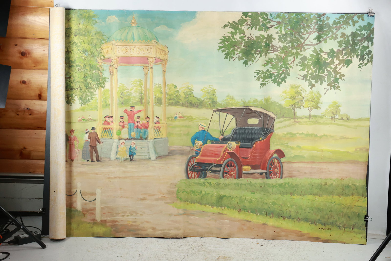 N Krerenser, Large Mural Oil Painting on Canvas Antique Touring Car, Park Gazebo 7.5 ft. x 4 ft. (1 of 16)