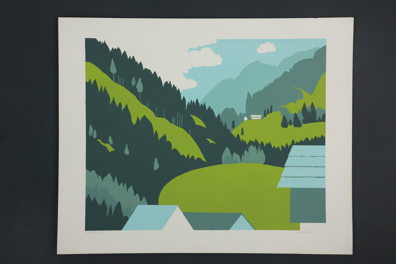 Robert Angeloch 1922-2011, Color Woodcut, Untertweng [Austria], Dated 1979, #4: Robert Angeloch 1922-2011, Color Woodcut, Untertweng [Austria], Dated 1979, #4. Provenance: acquired directly from Artist's Estate Woodstock New York. Well Listed American Artist.size: 20 x 16Sleeve ;