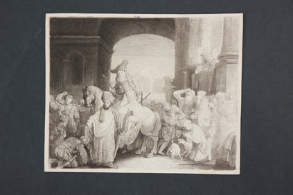 "The Triumph of Mordecai," an etching by Rembrandt van Rijn, circa 1641. It depicts a scene